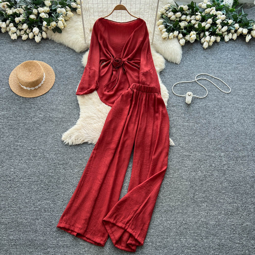 Linen Pant Wide - Two Pieces Women Pant Sets Solid