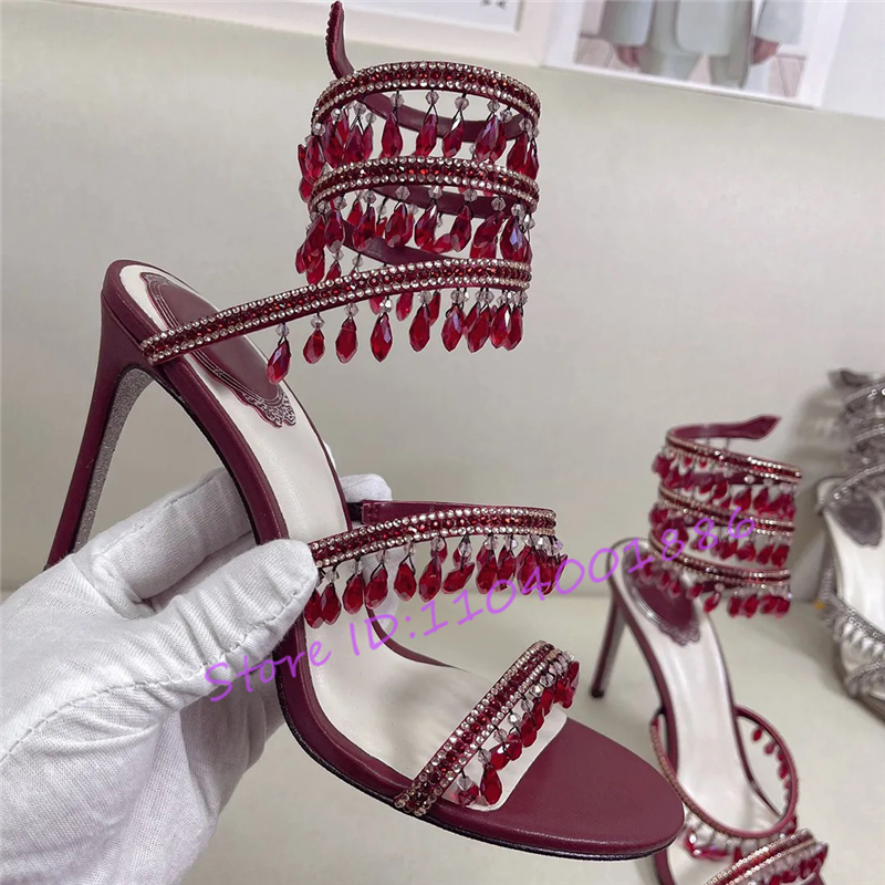 Sandal Strappy Heeled - Rhinestone Snake Shape Ankle Strappy Sandals