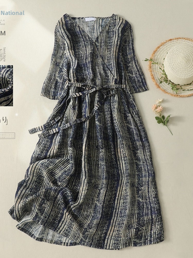 V-Neck Short Sleeve Midi Dress - Linen Dress Wrap review and price