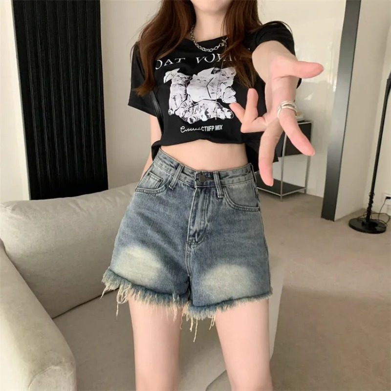 Women American Retro Denim Sho - Shorts Denim Frayed review and price