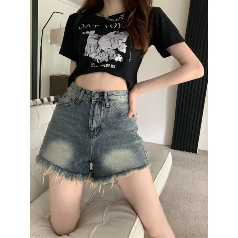 Women American Retro Denim Sho - Shorts Denim Frayed review and price