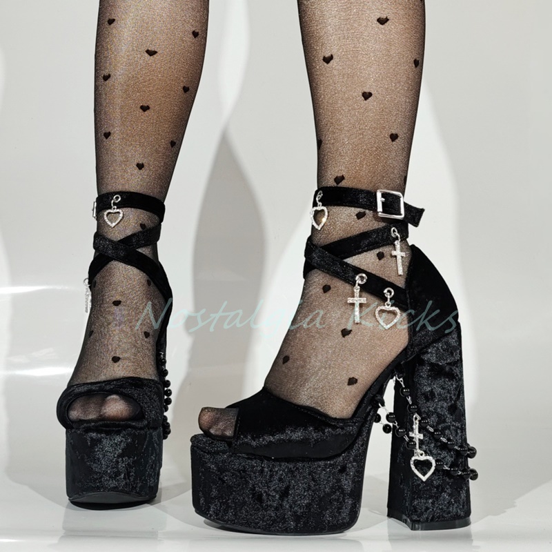 Gothic Black Velvet Platform H - Sandal Strappy Heeled review and price