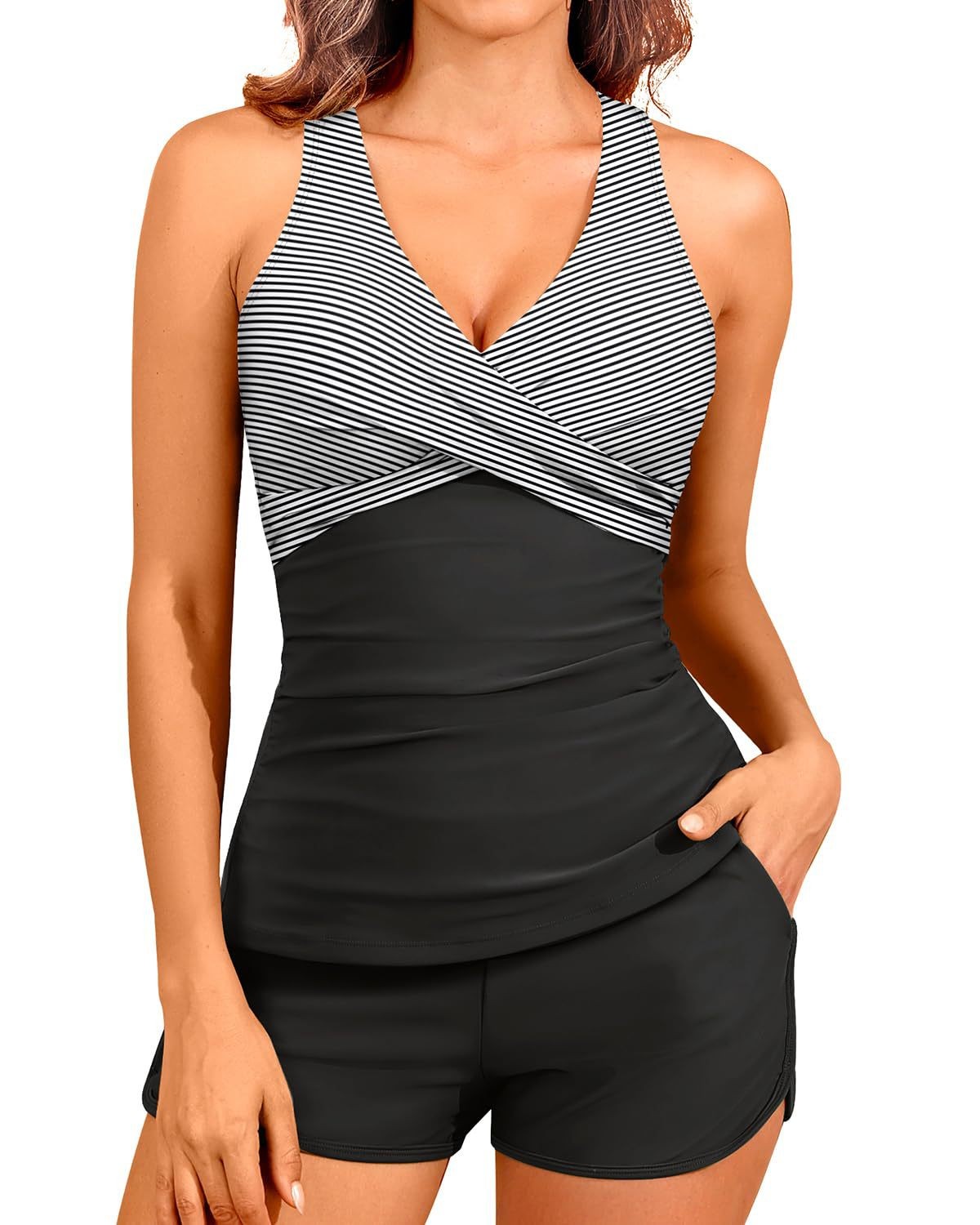 Woman Tankini With Shorts Slee - Swimsuit Bikini Ruched review and price