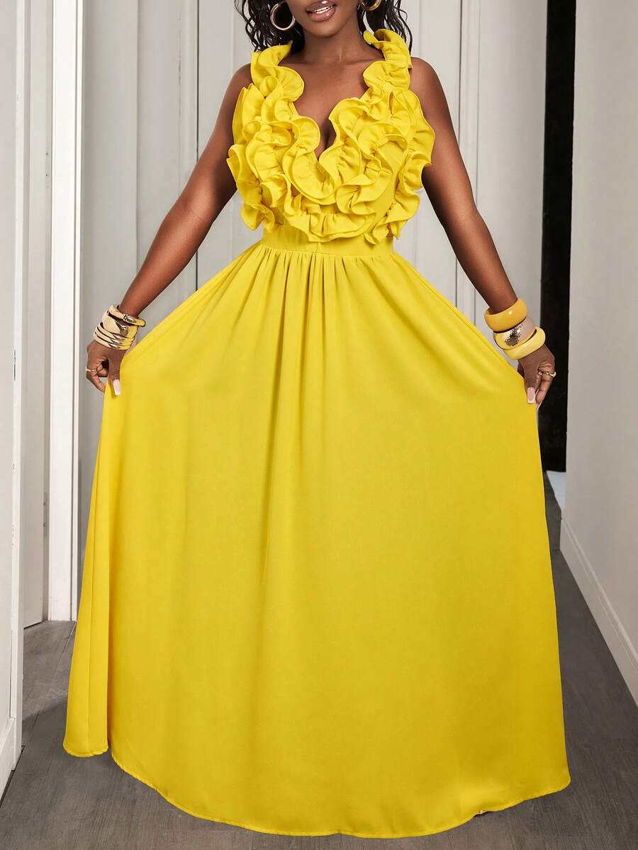Yellow Deep V-Neck Ruffle Halt - Maxi Dress Halter review and price