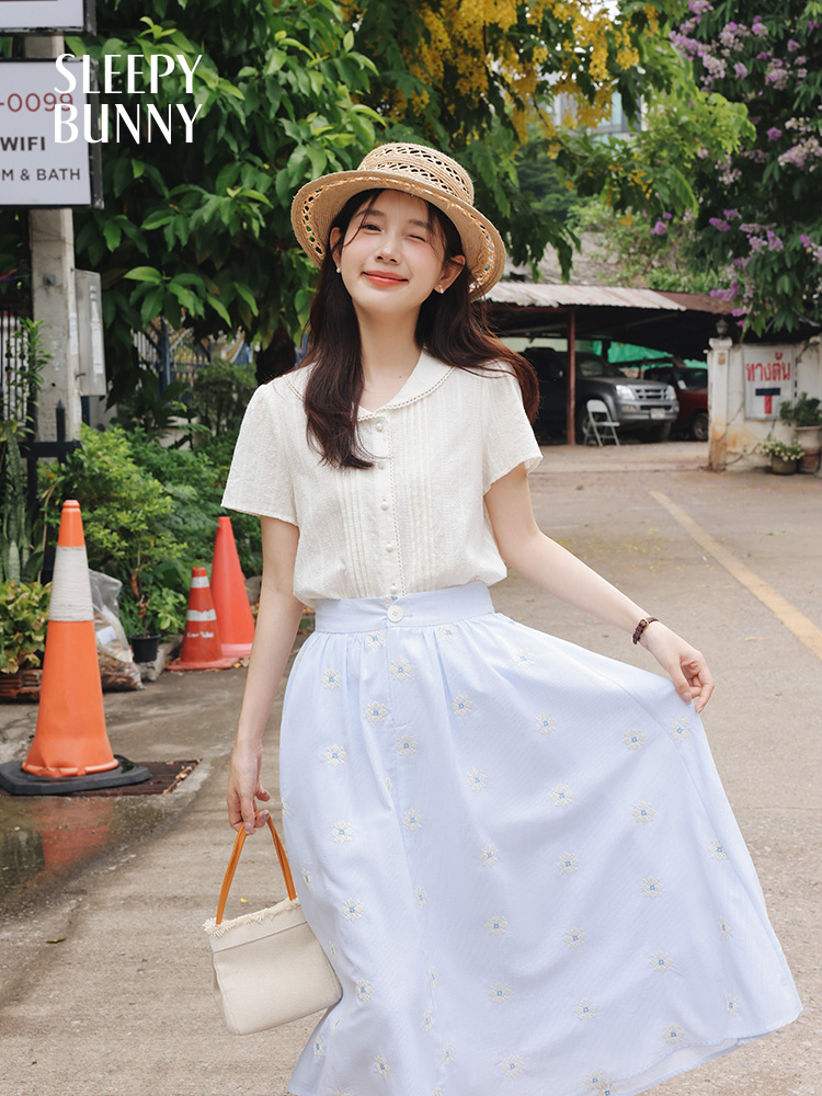 Vintage White Shirt Floral Emb - Midi Skirt Floral review and price