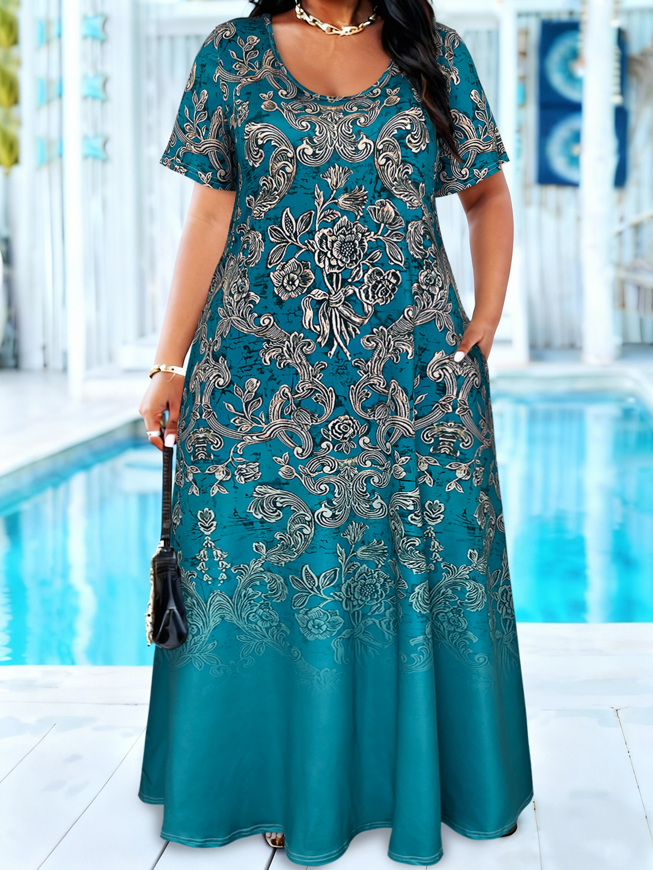 Plus Size Teal Baroque Floral  - Romper Floral Print review and price