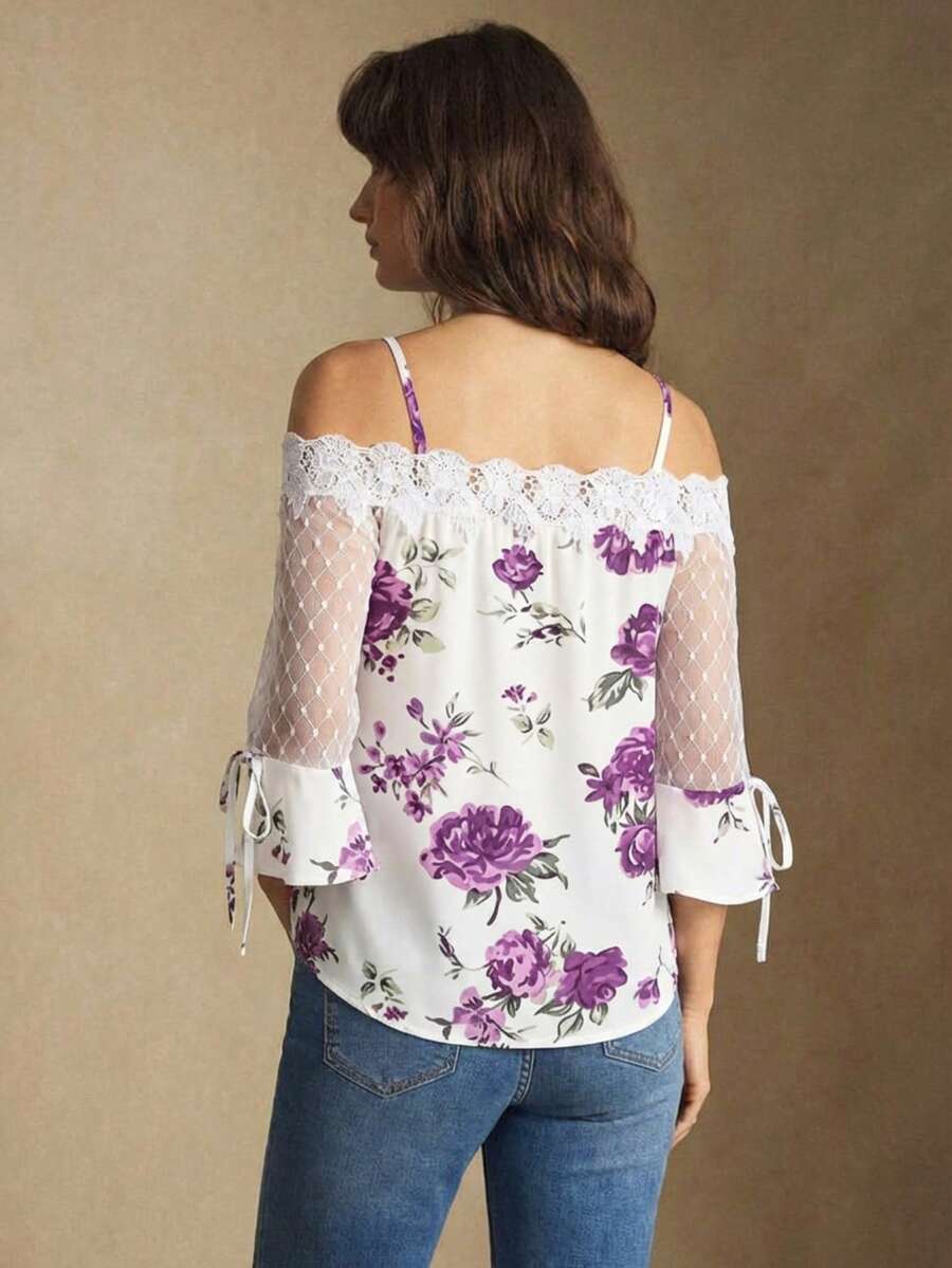 Purple Floral Print Off Should - Blouse Off Shoulder review and price