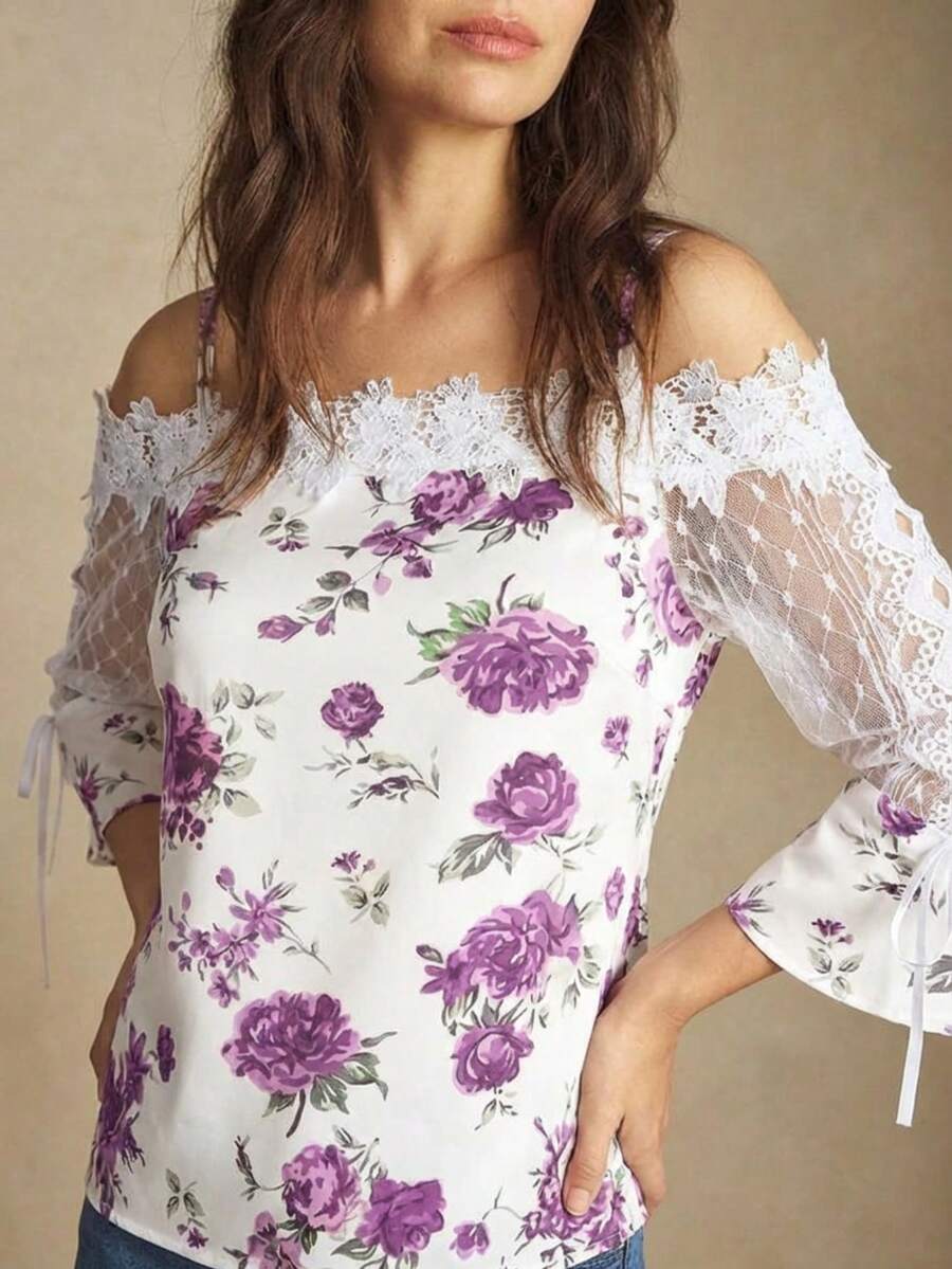 Purple Floral Print Off Should - Blouse Off Shoulder review and price