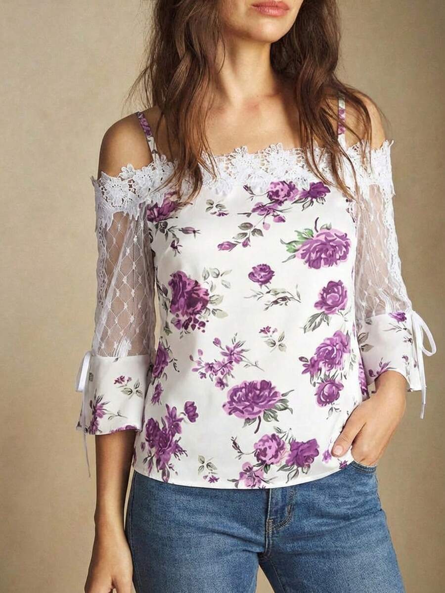 Purple Floral Print Off Should - Blouse Off Shoulder review and price